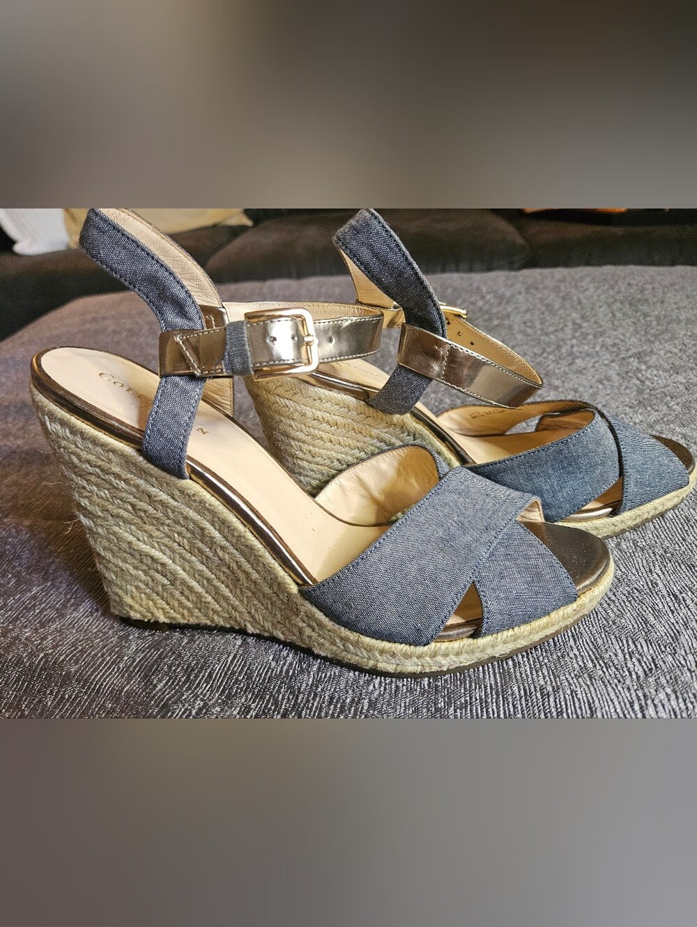 Cole Haan  Espadrille Wedge Sandals - Denim Blue with Gold Accents